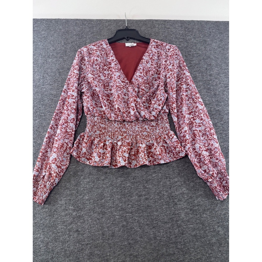 Japna Rust Red Floral Surplice‎ Smocked Peplum Blouse Womens Medium V-Neck Top